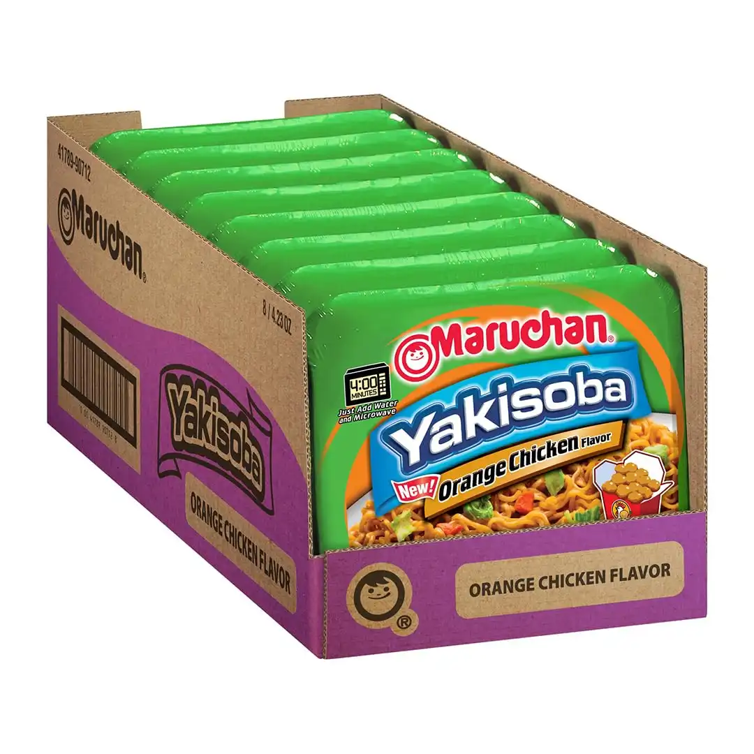 Maruchan Yakisoba, Orange Chicken Flavor – Stir-Fried Japanese Instant Ramen Noodles, High Protein Microwavable Meal – 4.23 Oz. (8 Pack)