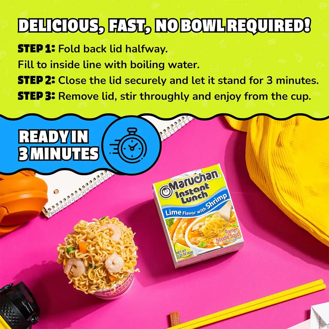 Maruchan Instant Lunch Ramen Noodles, Lime Flavor with Shrimp – Japanese-Style Instant Noodle Soup, Easy Meal Ready in 3 Minutes – 2.25 Oz. (12 Pack) - Image 6