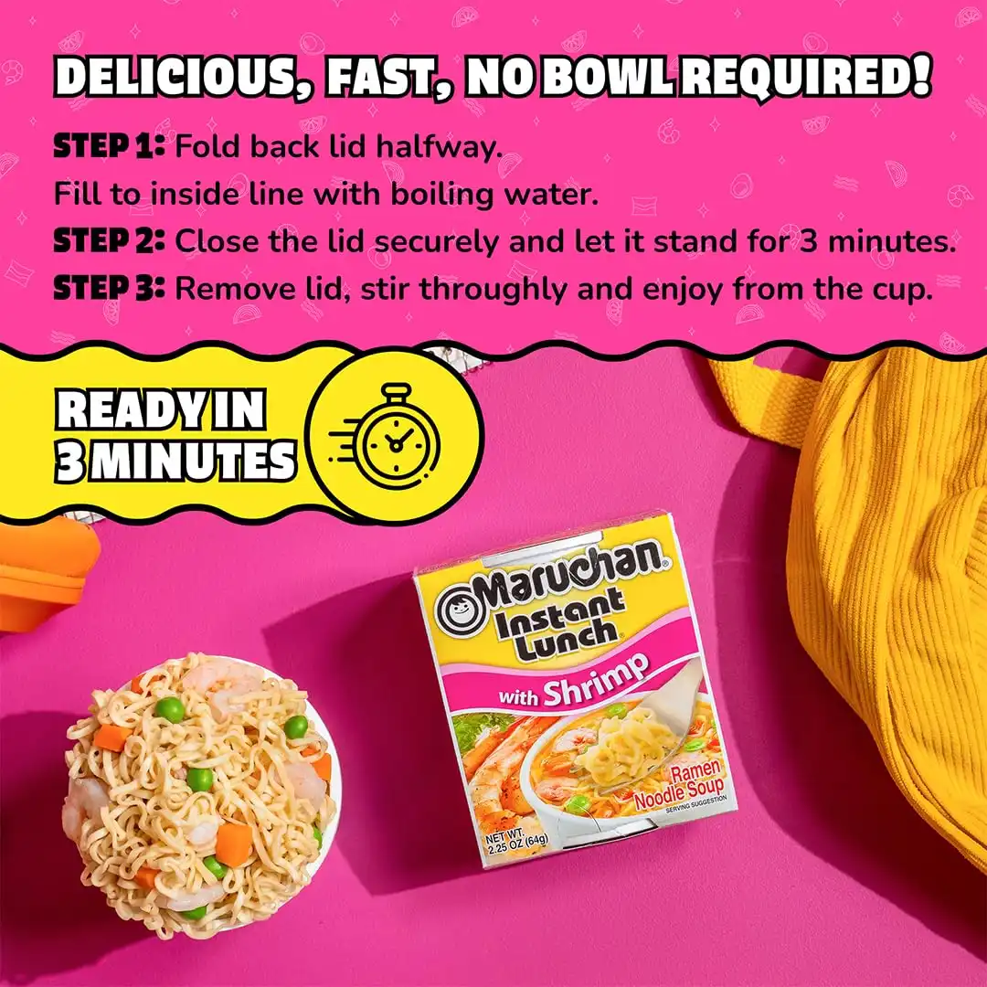 Maruchan Instant Lunch Ramen Noodles, Shrimp Flavor – Japanese-Style Instant Noodle Soup, Easy Meal Ready in 3 Minutes – 2.25 Oz. (12 Pack) - Image 6