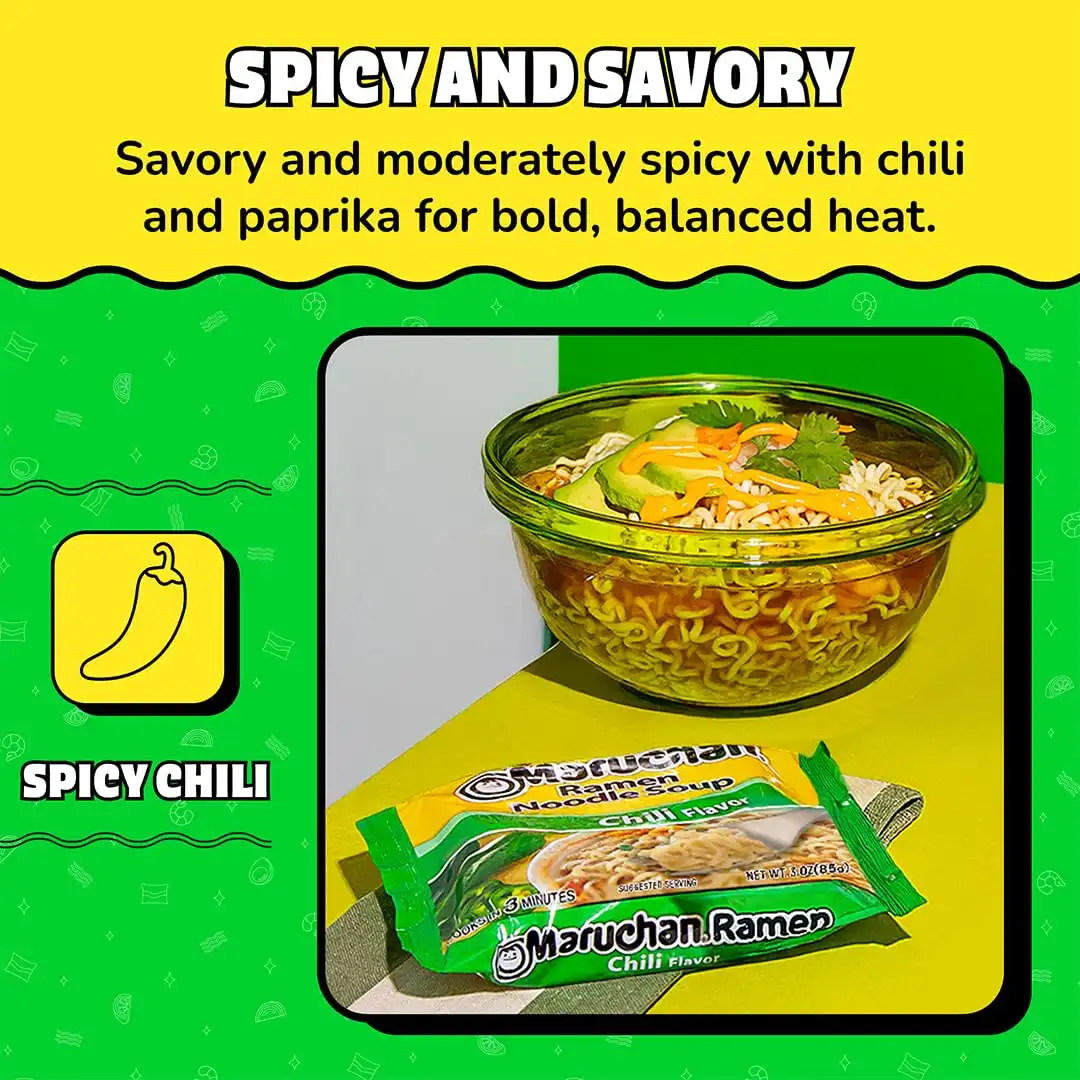 Maruchan Ramen Noodle Soup, Chili Flavor – Japanese-Style Instant Noodles, Quick & Easy Meal for Kids, Students & Busy Families – 3 Oz. (24 Pack) - Image 4