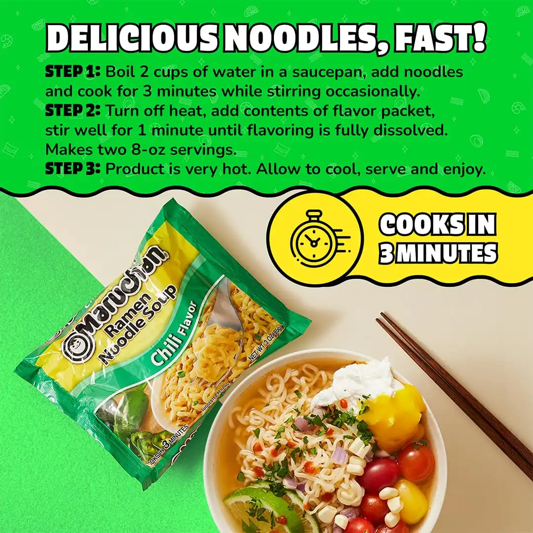 Maruchan Ramen Noodle Soup, Chili Flavor – Japanese-Style Instant Noodles, Quick & Easy Meal for Kids, Students & Busy Families – 3 Oz. (24 Pack) - Image 6