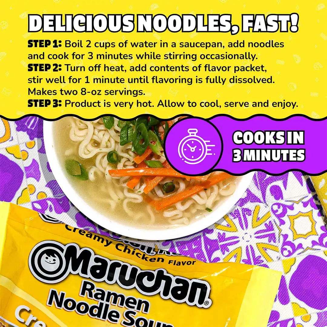 Maruchan Ramen Noodle Soup, Creamy Chicken Flavor – Japanese-Style Instant Noodles, Quick & Easy Meal for Students & Busy Families – 3 Oz. (24 Pack) - Image 6