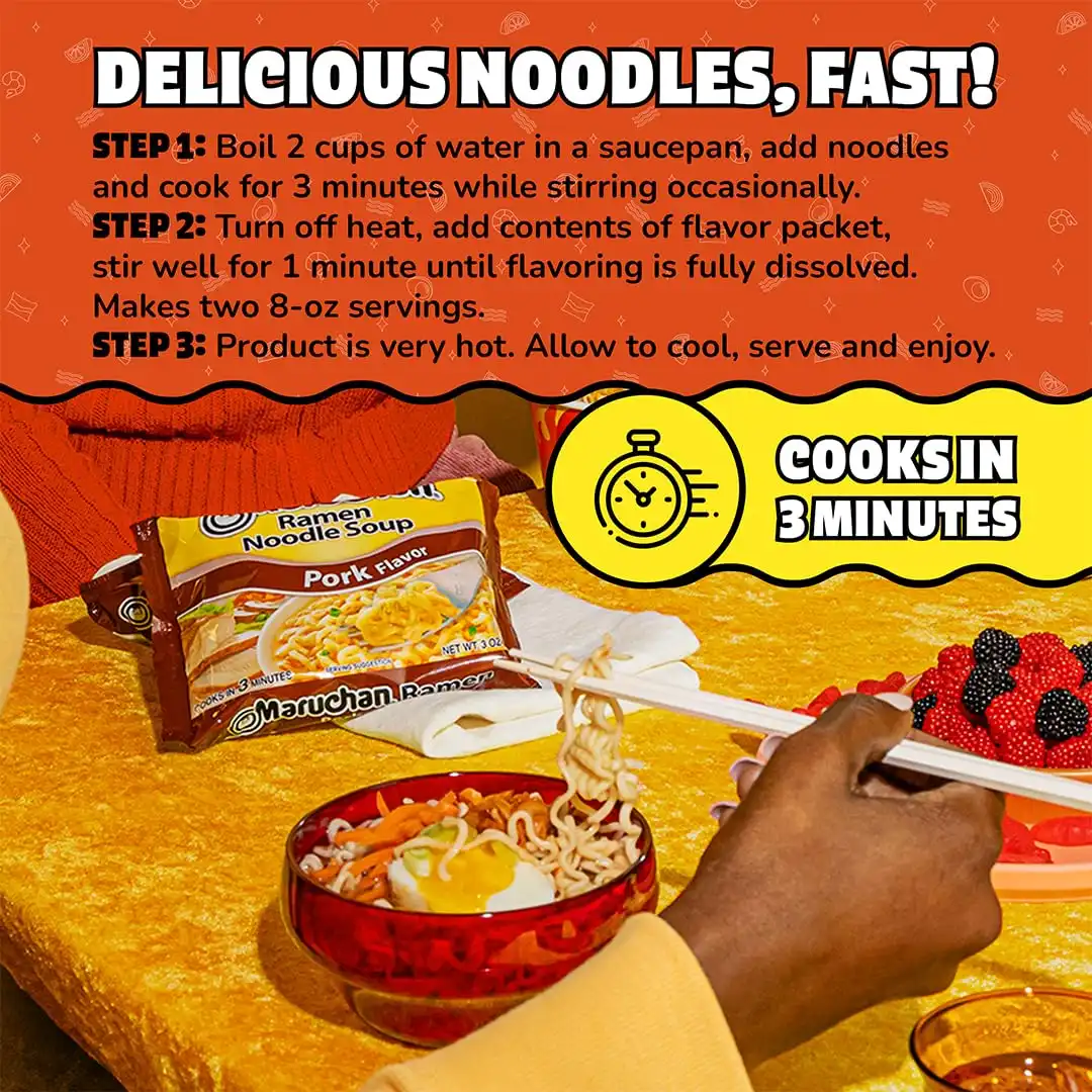 Maruchan Ramen Noodle Soup, Pork Flavor – Japanese-Style Instant Noodles, Quick & Easy Meal for Kids, Students & Busy Families – 3 Oz. (24 Pack) - Image 6