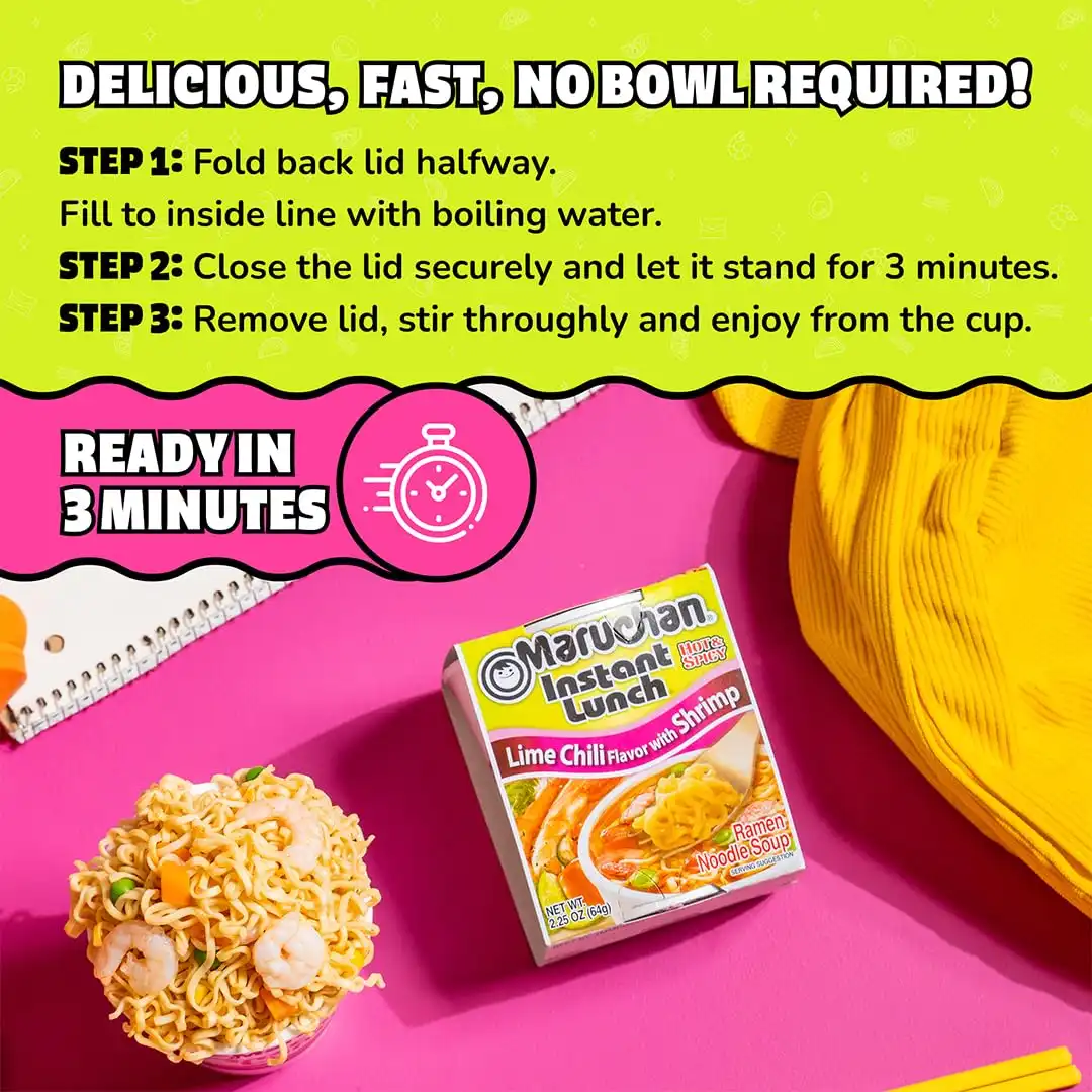 Maruchan Instant Lunch Ramen Noodles, Lime Chili with Shrimp – Japanese-Style Instant Noodle Soup, Easy Meal Ready in 3 Minutes – 2.25 Oz. (12 Pack) - Image 6