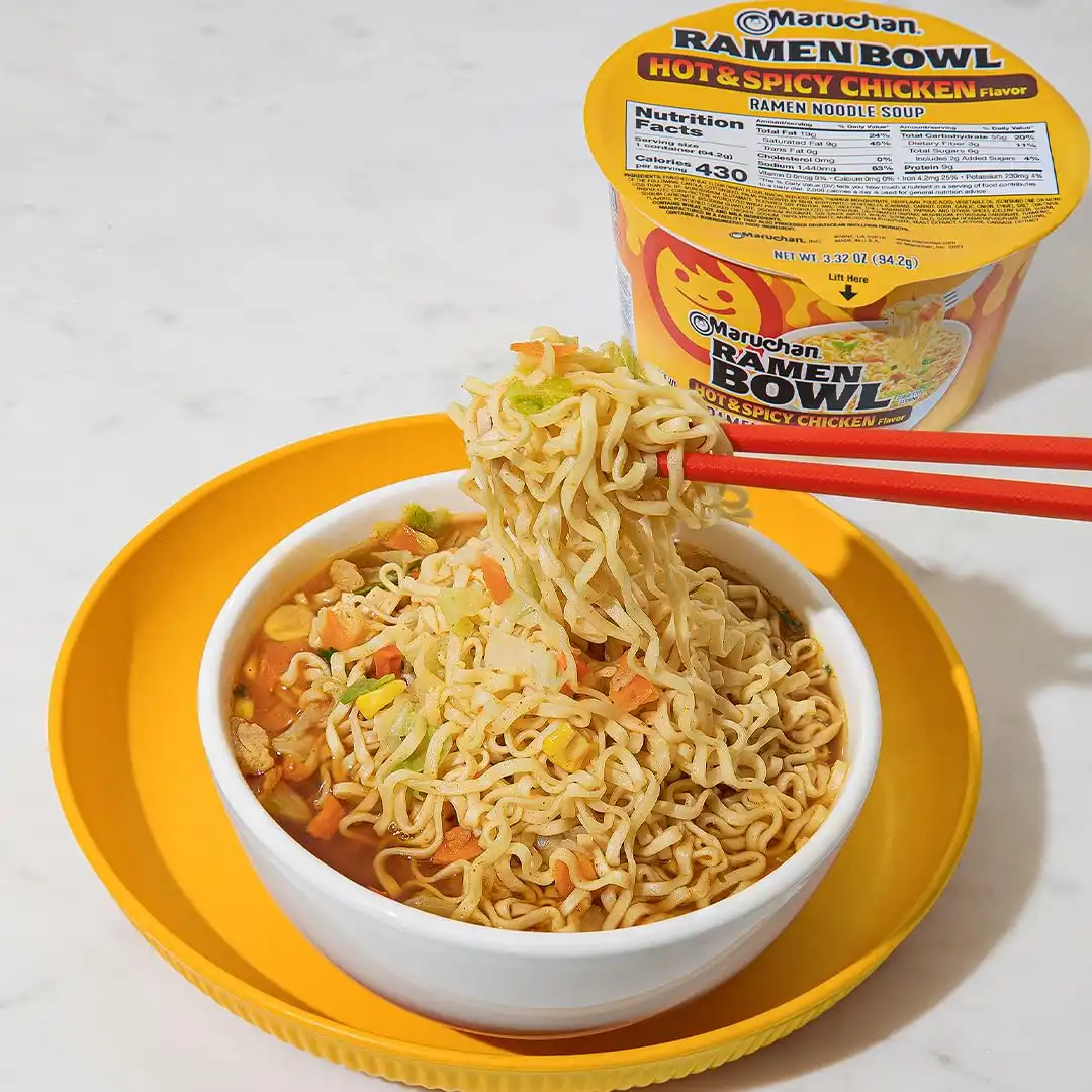Maruchan Ramen Bowl, Hot & Spicy Chicken Flavor – Japanese-Style Instant Noodle Soup, Microwaveable Easy Meal for Busy Families – 3.39 Oz. (6 Pack) - Image 3