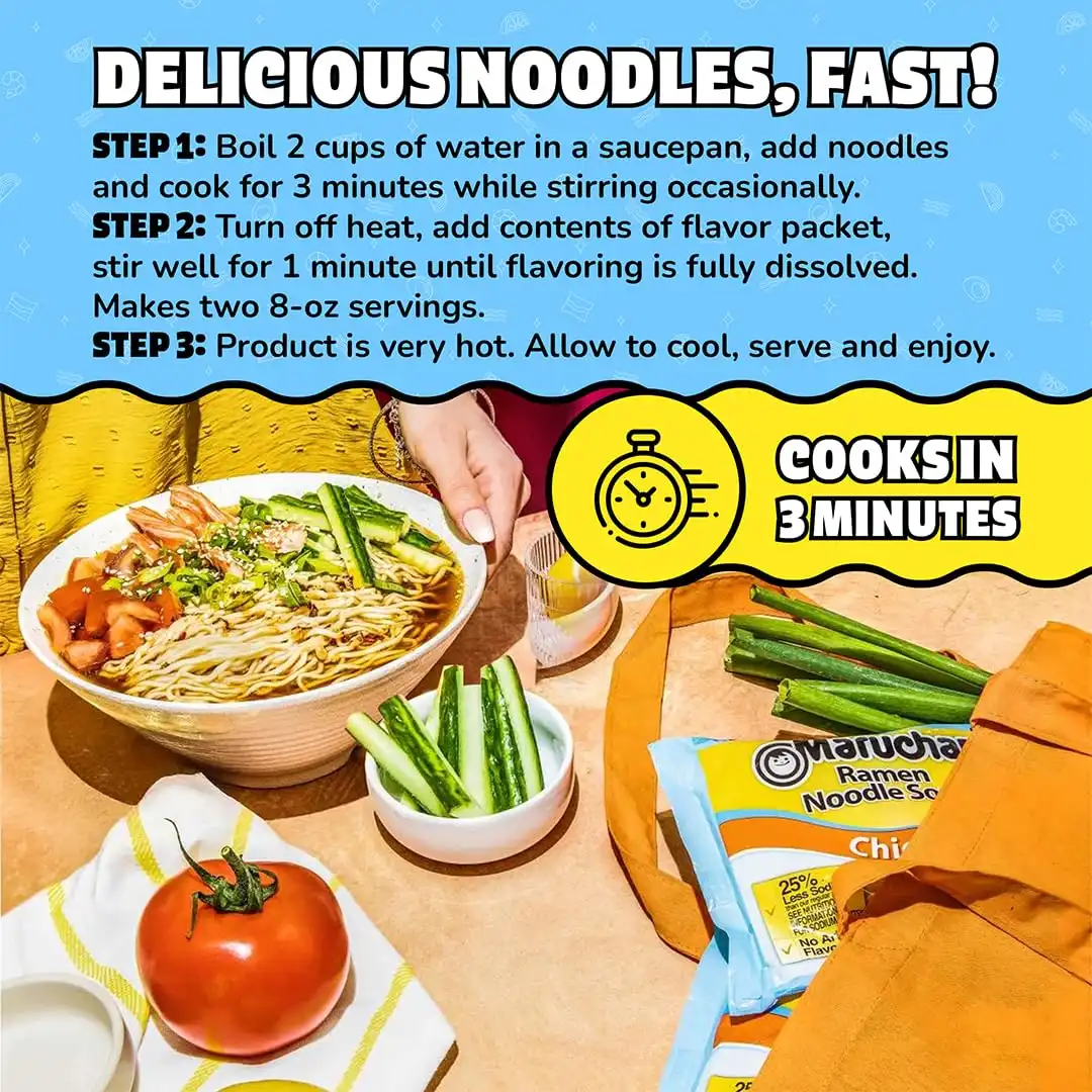 Maruchan Ramen Noodle Soup, Less Sodium Chicken Flavor – Japanese-Style Instant Noodles, Quick & Easy Meal for Kids, Students & Busy Families – 3 Oz. (24 Pack) - Image 6