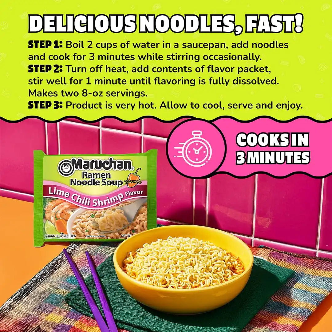 Maruchan Ramen Noodle Soup, Lime Chili Shrimp Flavor – Japanese-Style Instant Noodles, Quick & Easy Meal for Students & Busy Families – 3 Oz. (24 Pack) - Image 6