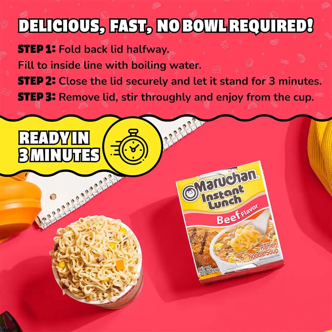 Maruchan Instant Lunch Ramen Noodles, Beef Flavor – Japanese-Style Instant Noodle Soup, Easy Meal Ready in 3 Minutes – 2.25 Oz. (12 Pack) - Image 6