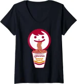 Womens Maruchan Happy Face Eating Ramen Noodles V-Neck T-Shirt
