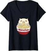 Womens Maruchan Instant Lunch Cute Cat Ramen Bowl Logo V-Neck T-Shirt