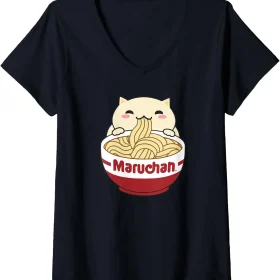 Womens Maruchan Instant Lunch Cute Cat Ramen Bowl Logo V-Neck T-Shirt