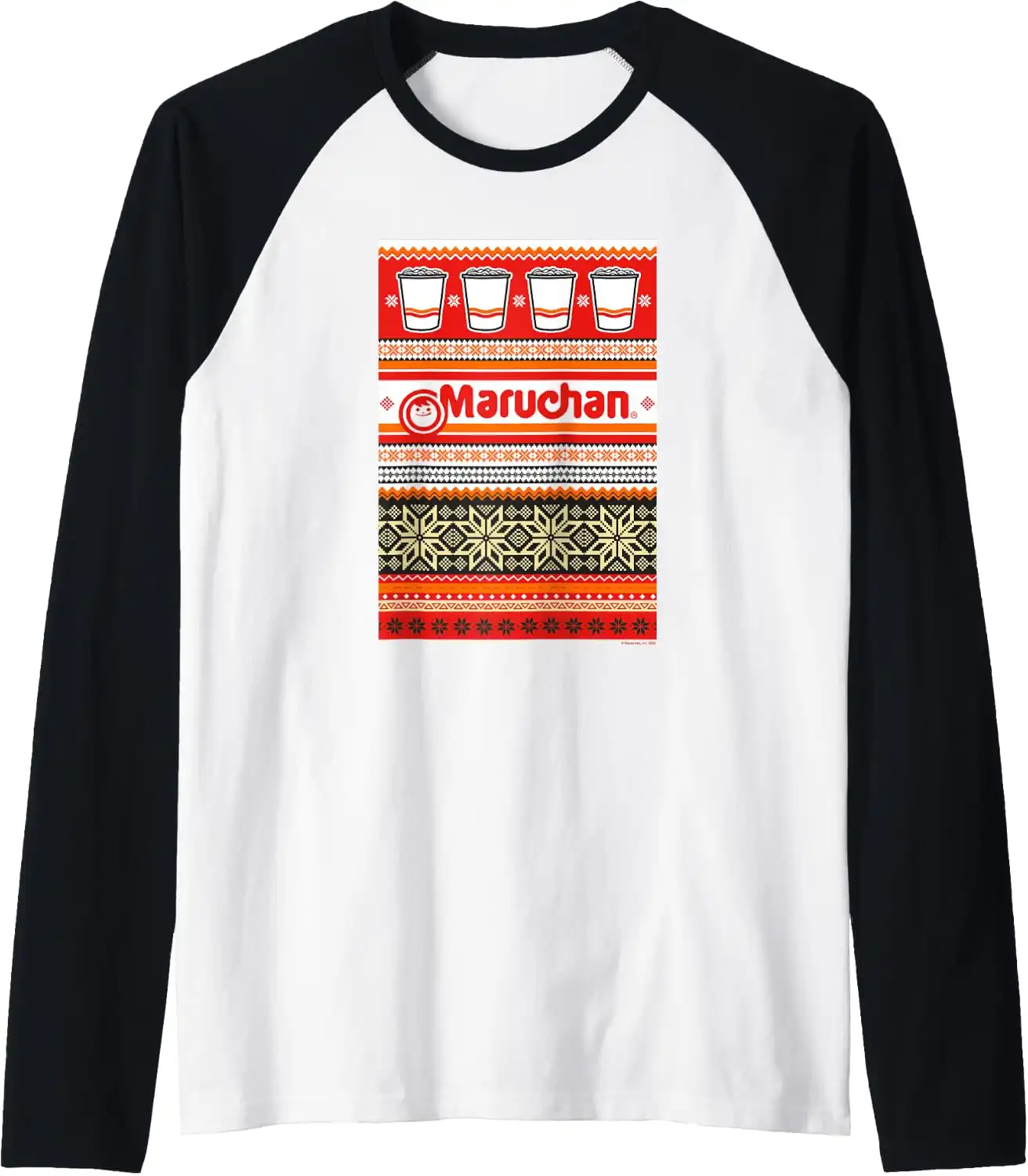 Maruchan Christmas Instant Lunch Ugly Sweater Style Raglan Baseball Tee
