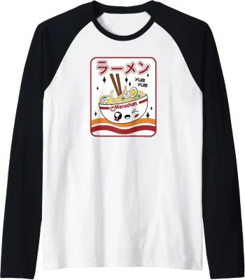 Maruchan Instant Lunch Kawaii Katakana Ramen Bowl Portrait Raglan Baseball Tee