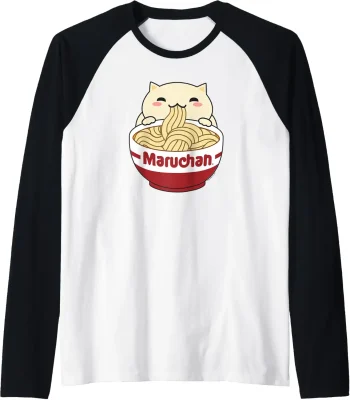 Maruchan Instant Lunch Cute Cat Ramen Bowl Logo Raglan Baseball Tee